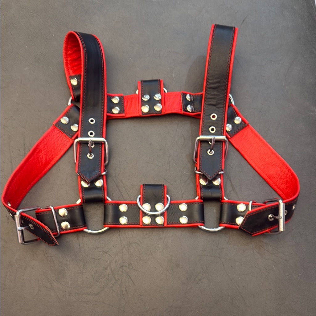 Black And Red Leather Harness With Studs